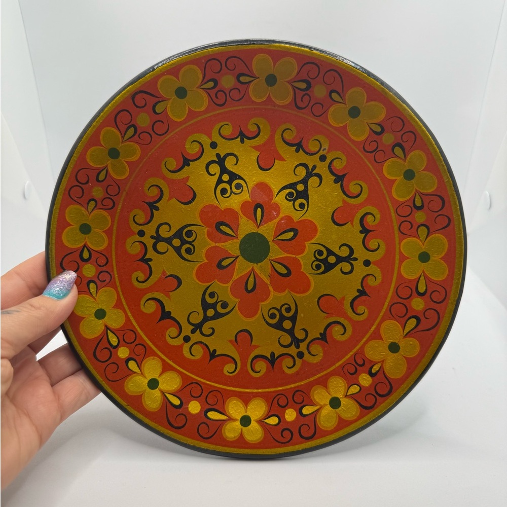 Vintage Russian folk hand painted floral Lacquer wood plate, Wall Hanging